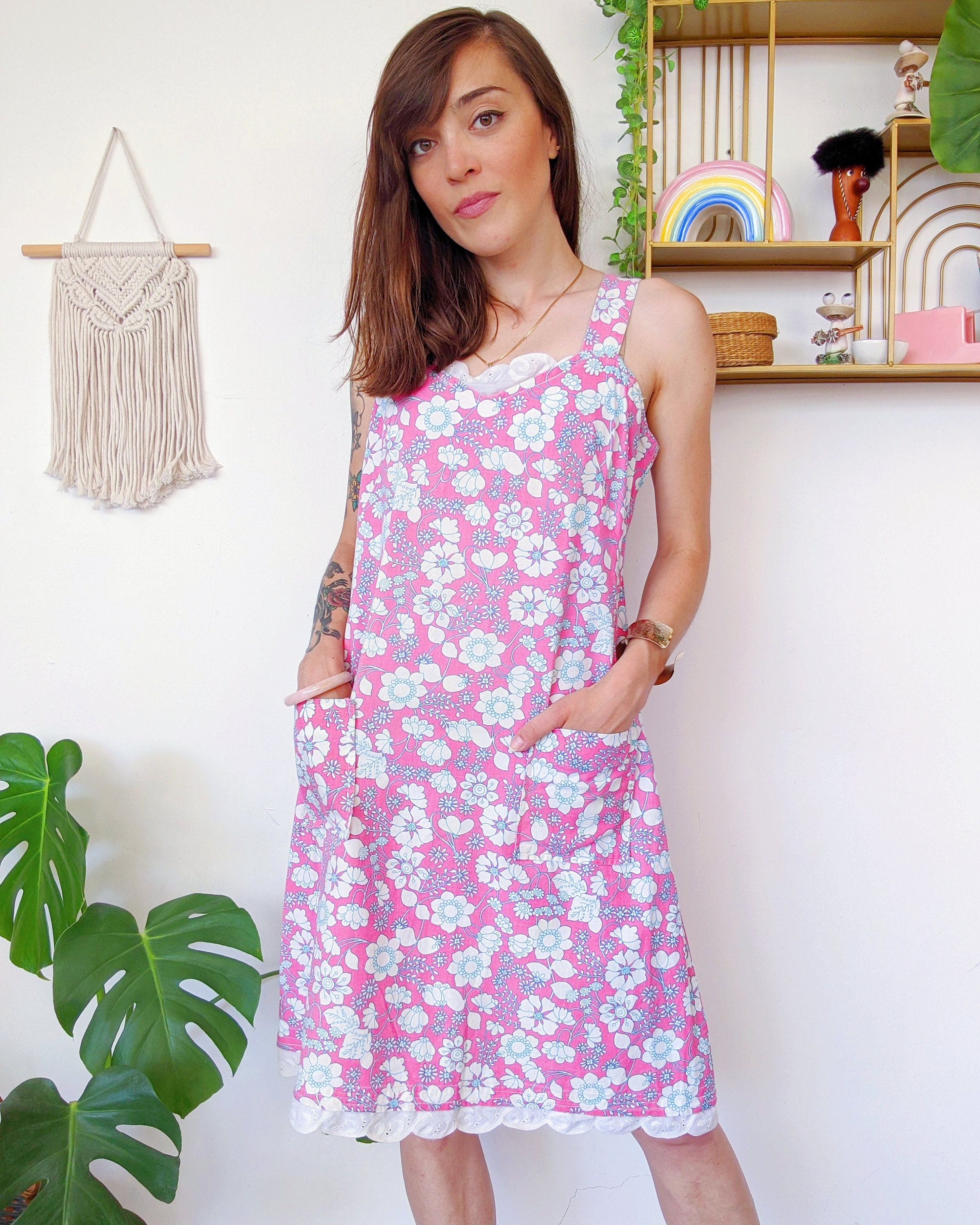 Long Pink Dress With White and Blue Flowers, Midi Dress With Floral Pattern and Handmade Lace | Vintage 70s - Etsy Long Pink Dress With White and Blue Flowers, Midi Dress With Floral Pattern and Handmade Lace | Vintage 70s - Etsy