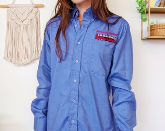 青いワークシャツ ジョニー エクスプレス バス カリフォルニア アメリカ | 90年代のヴィンテージのユニセックスワークウェア