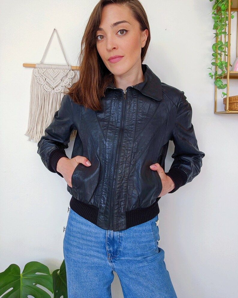 Veste perfecto en cuir noir avec élastique aux manches vintage des années 70 image 3