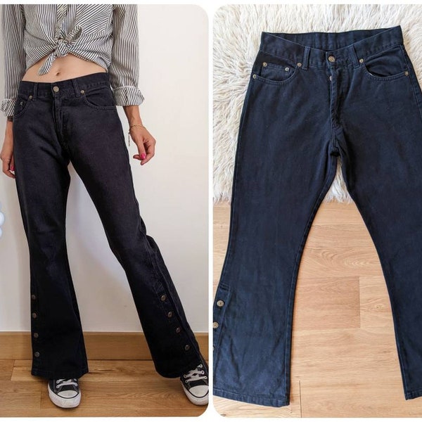 Jeans en denim noir pattes d'éléphant, pantalon en coton bootcut | vintage des années 00