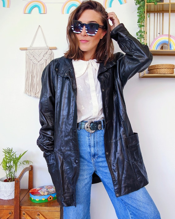 Long Black Leather Jacket, Long Coat With Shoulder Pads | Vintage