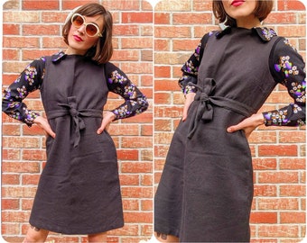 Schwarzes Baumwollkleid mit Vintage-Knoten der 70er Jahre für Damen