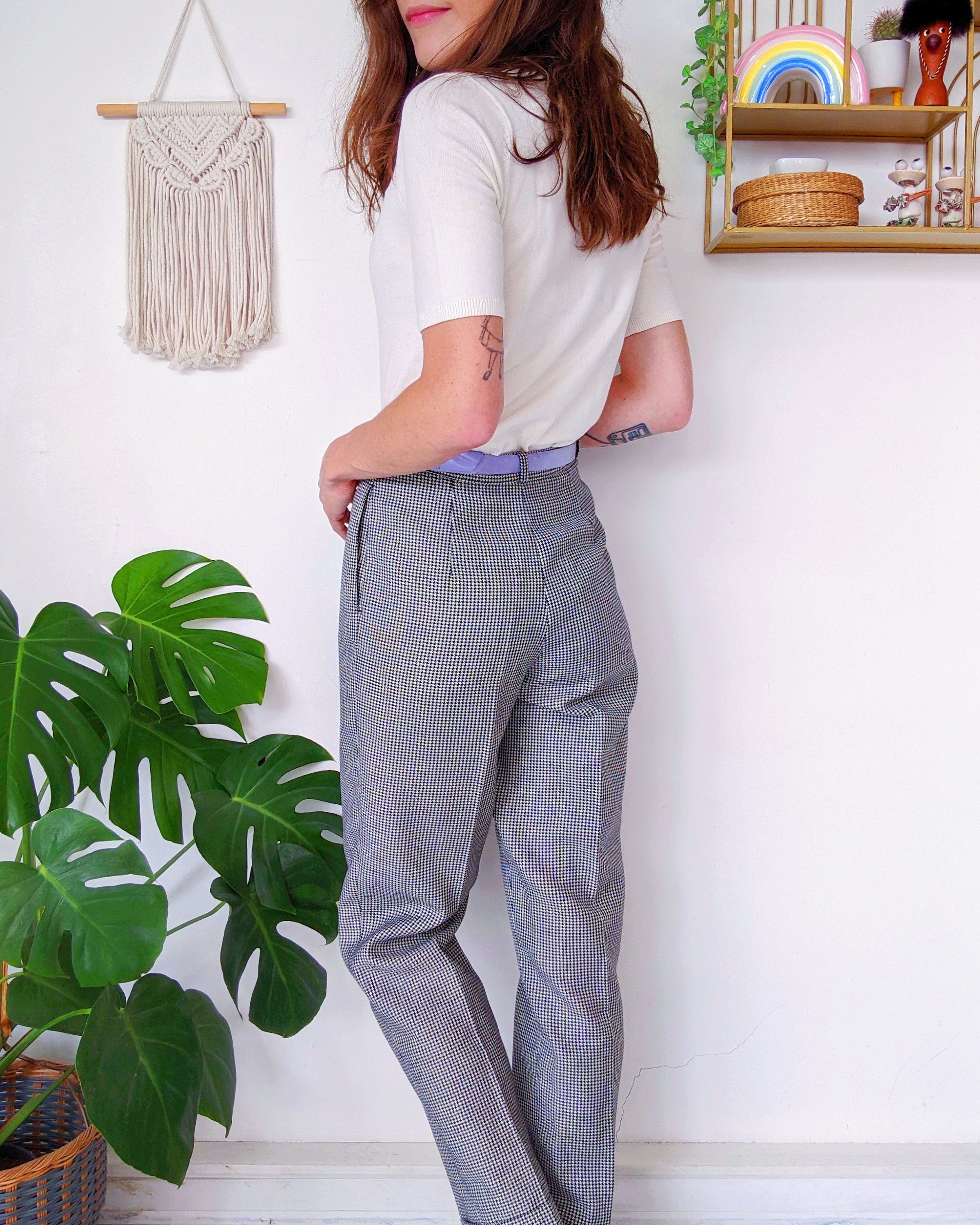 Black and White Checked Wool Pants, High and Straight Carrot