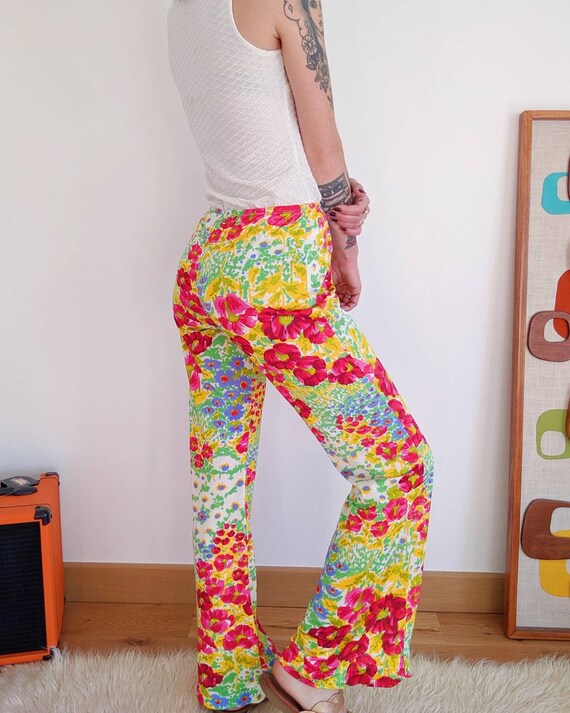 Multicolored Floral Pants, Fluid Pants Elephant Legs| Vintage From