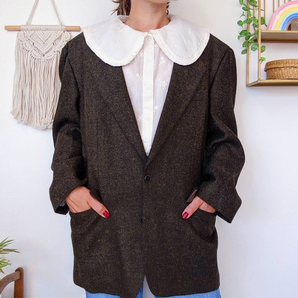 Blazer Kenzo en laine, veste marron kaki unisexe | vintage des années 80
