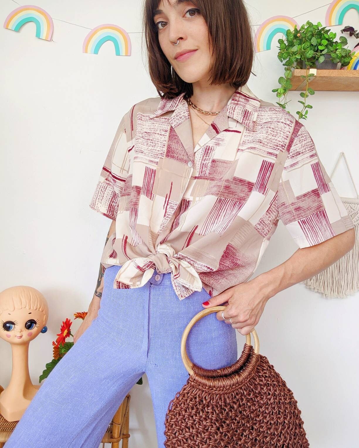 Beige and Burgundy Blouse With Vintage 