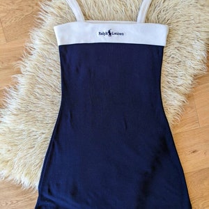 Robe mini Ralph Lauren en coton bleu marine et blanc, robe sans manche à bretelles vintage des années 00 zdjęcie 7
