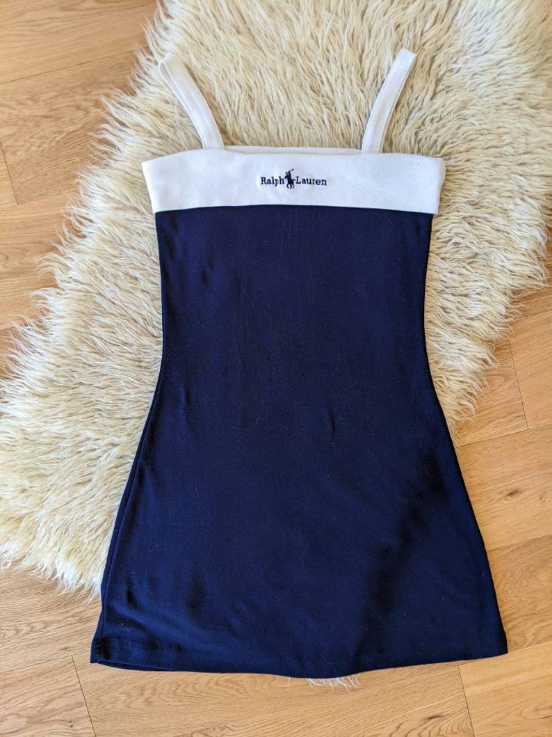 Robe mini Ralph Lauren en coton bleu marine et blanc, robe sans manche à bretelles vintage des années 00 zdjęcie 7