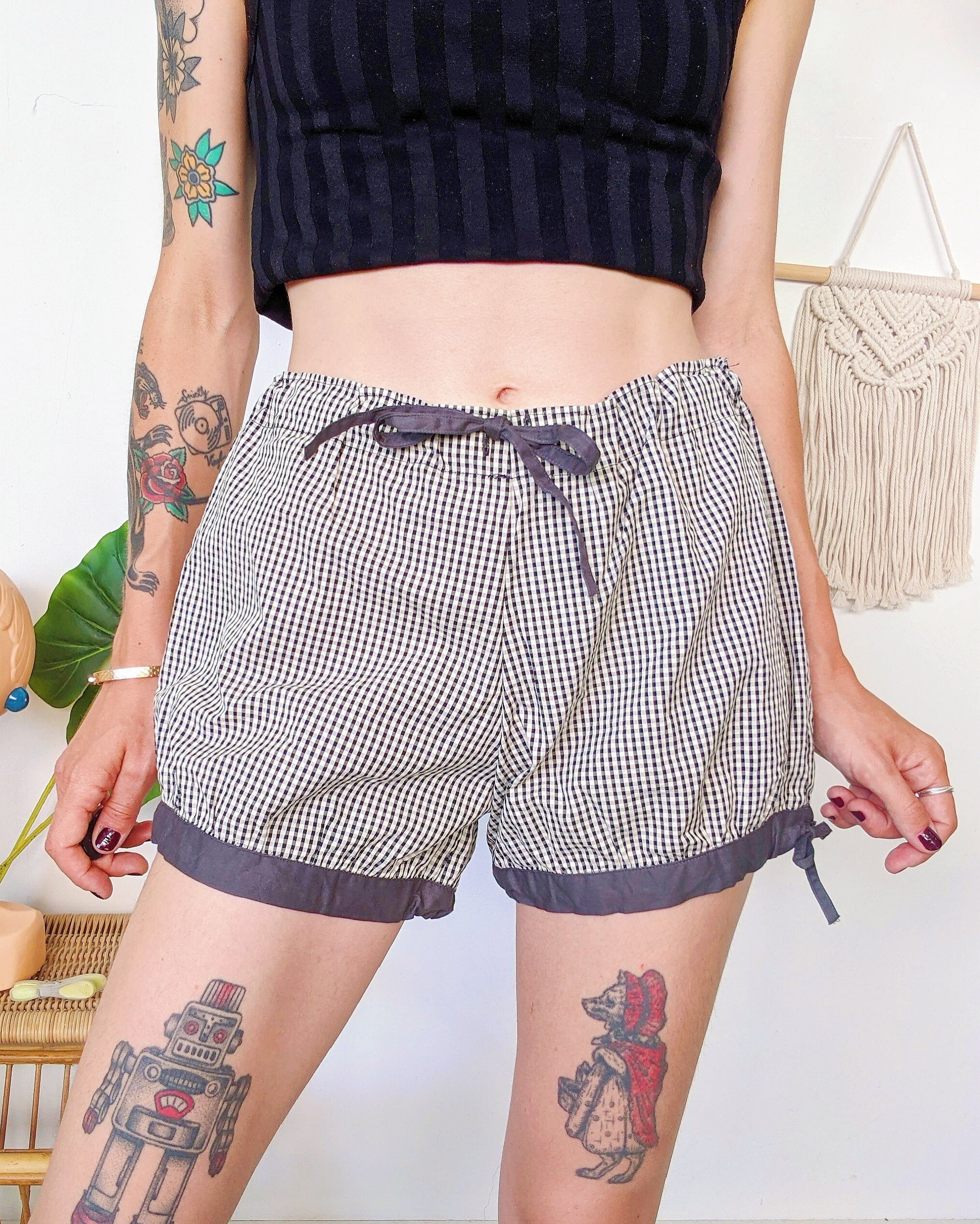 Black and White Gingham Check Shorts, Ultra Short Baggy Black and White Gingham Check Shorts, Ultra Short Baggy