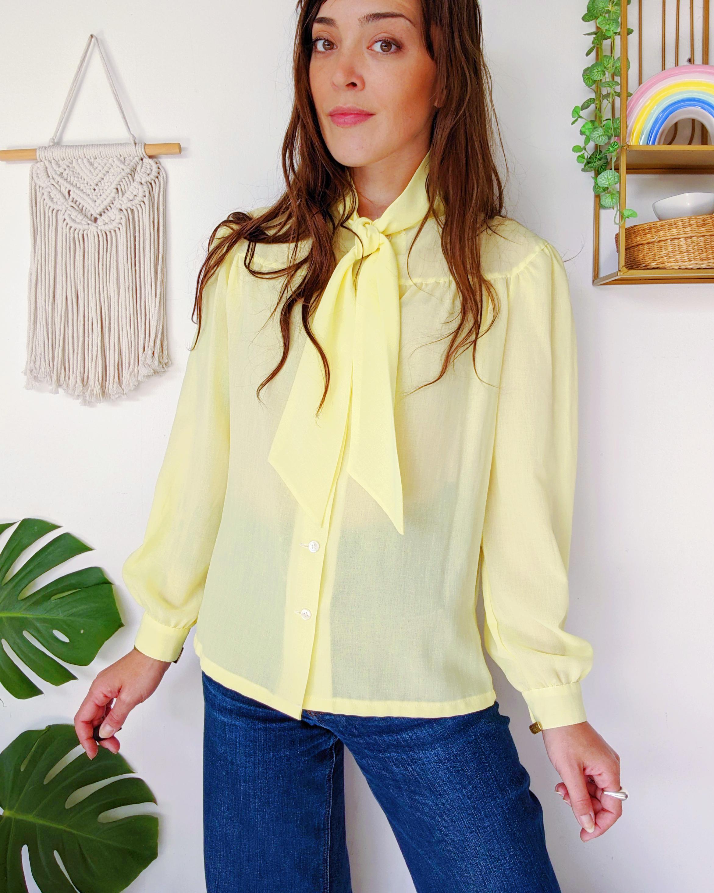 トップス SHEER FLAT COLLAR BLOUSE light yellow Vintage 60s Sheer Blouse Yellow Striped Top Button up Shirt