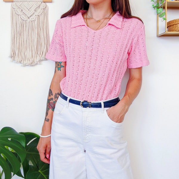 Pull en coton rose à manches courtes, polo léger en maille crochet | vintage des années 80