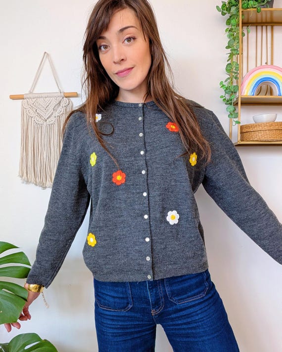 Cardigan Fille Cherokee Gris - Taille 14/16, Ornements Fleurs, Très Bon état