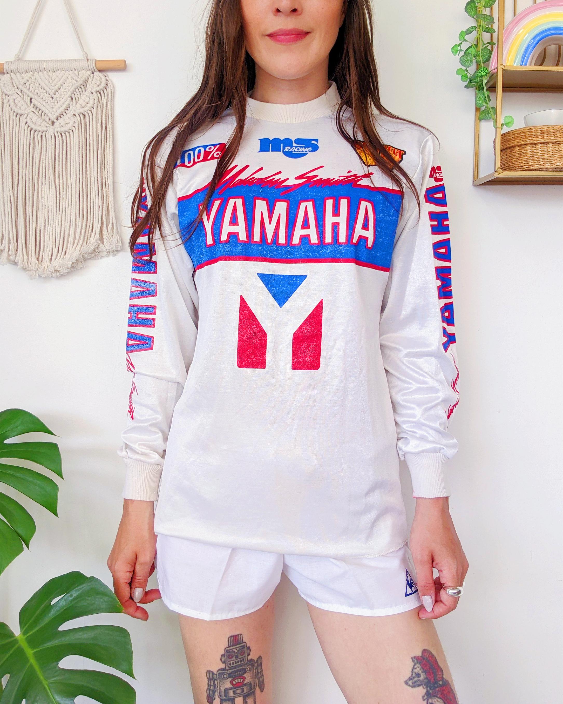 Jahrgang 1980 | Yamaha weiß-rot-blaues Sporttrikot, langärmliges Motorrad-Renn-T-Shirt