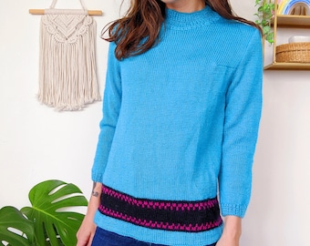 Turquoise blue wool blend sweater, handmade long-sleeved sweater | vintage 70s