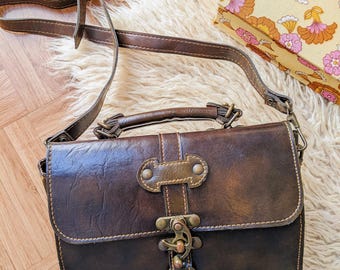 Vintage 1990 | Brown leather and faux leather shoulder bag, satchel with original clasp