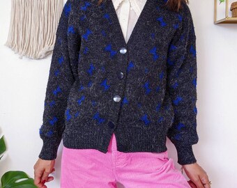 Cardigan gray patterns electric blue vintage from the 80s