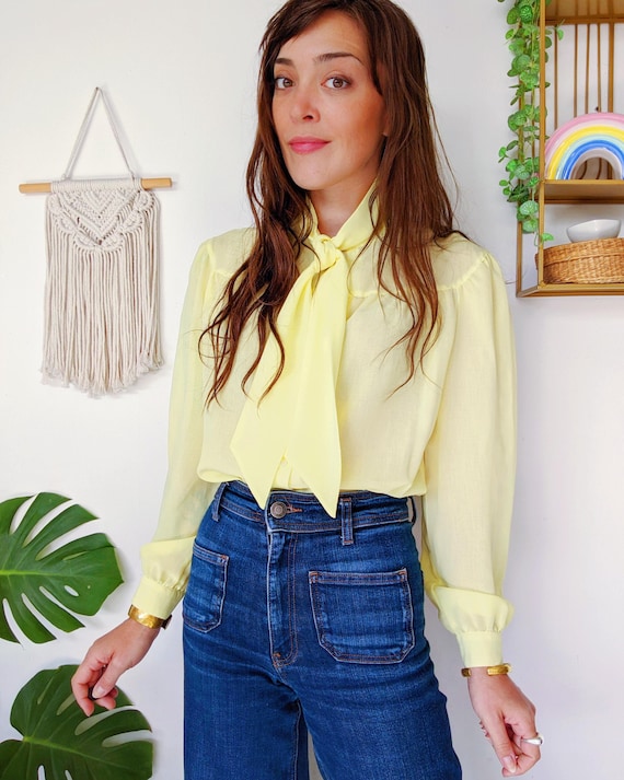 Yellow Blouse With Tie Collar, Long Sleeve Puff Shoulder