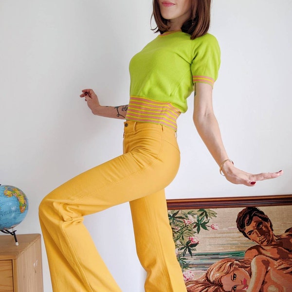 Pantalon jaune tournesol en coton, jeans flare patte d'éléphant | vintage des années 70
