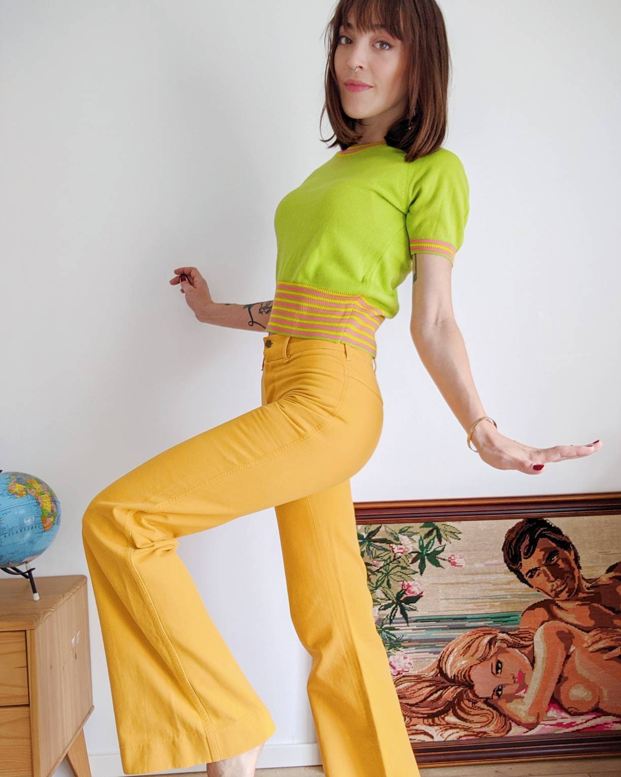 Sunflower Yellow Cotton Pants, Bell-bottom Flare Jeans Vintage 70s 