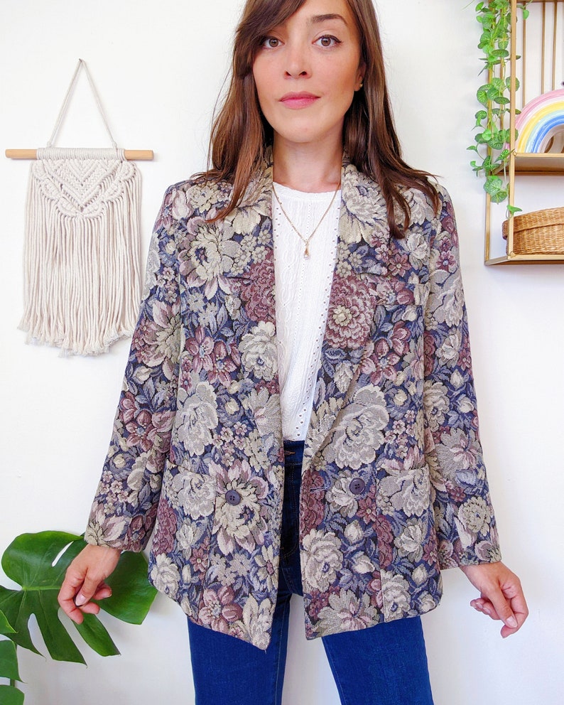 Blazer en trame canevas avec grosses fleurs et plantes vintage des années 80 image 2