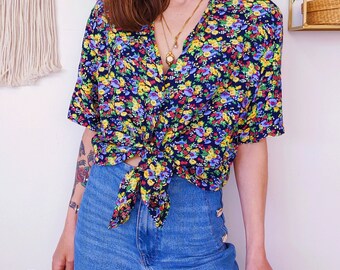 Long navy blue floral shirt, fluid cotton shirt with half-long sleeves, multicolor floral pattern | vintage 90s