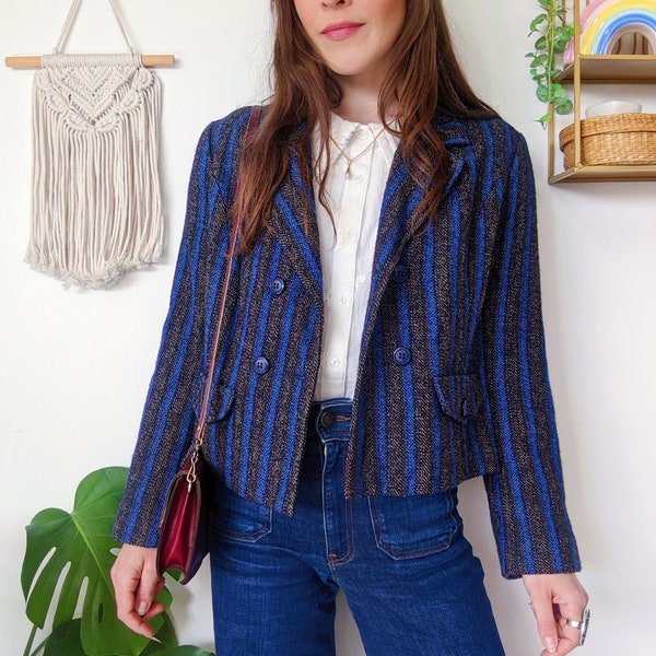 Blazer à rayures bleues et grises, veste courte en laine | vintage des années 70