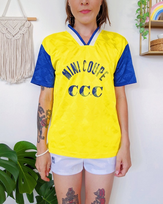 Vintage 1980 | maillot de football américain jaune et bleu, t-shirt de sport soccer à manches courtes