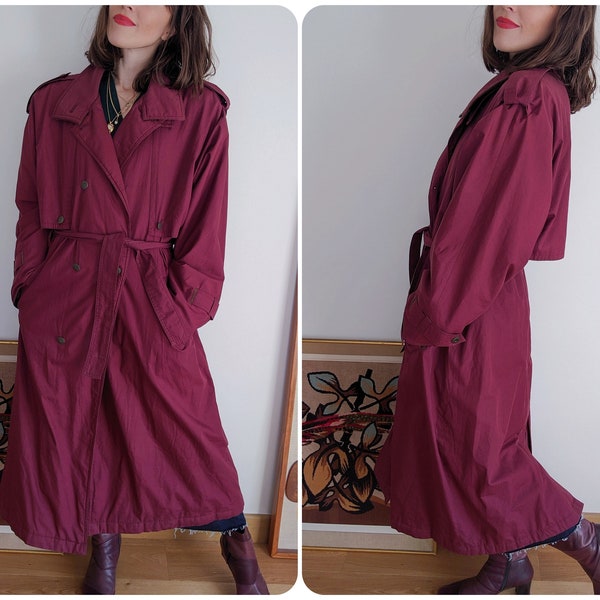 Trench très long bordeaux, manteau maxi au sol | vintage des années 90