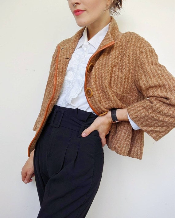 VINTAGE 1990s // brown wool and leather jacket for