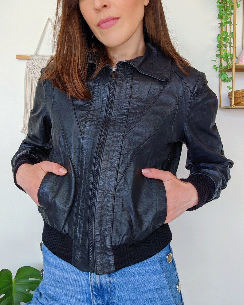 Veste perfecto en cuir noir avec élastique aux manches vintage des années 70 image 5