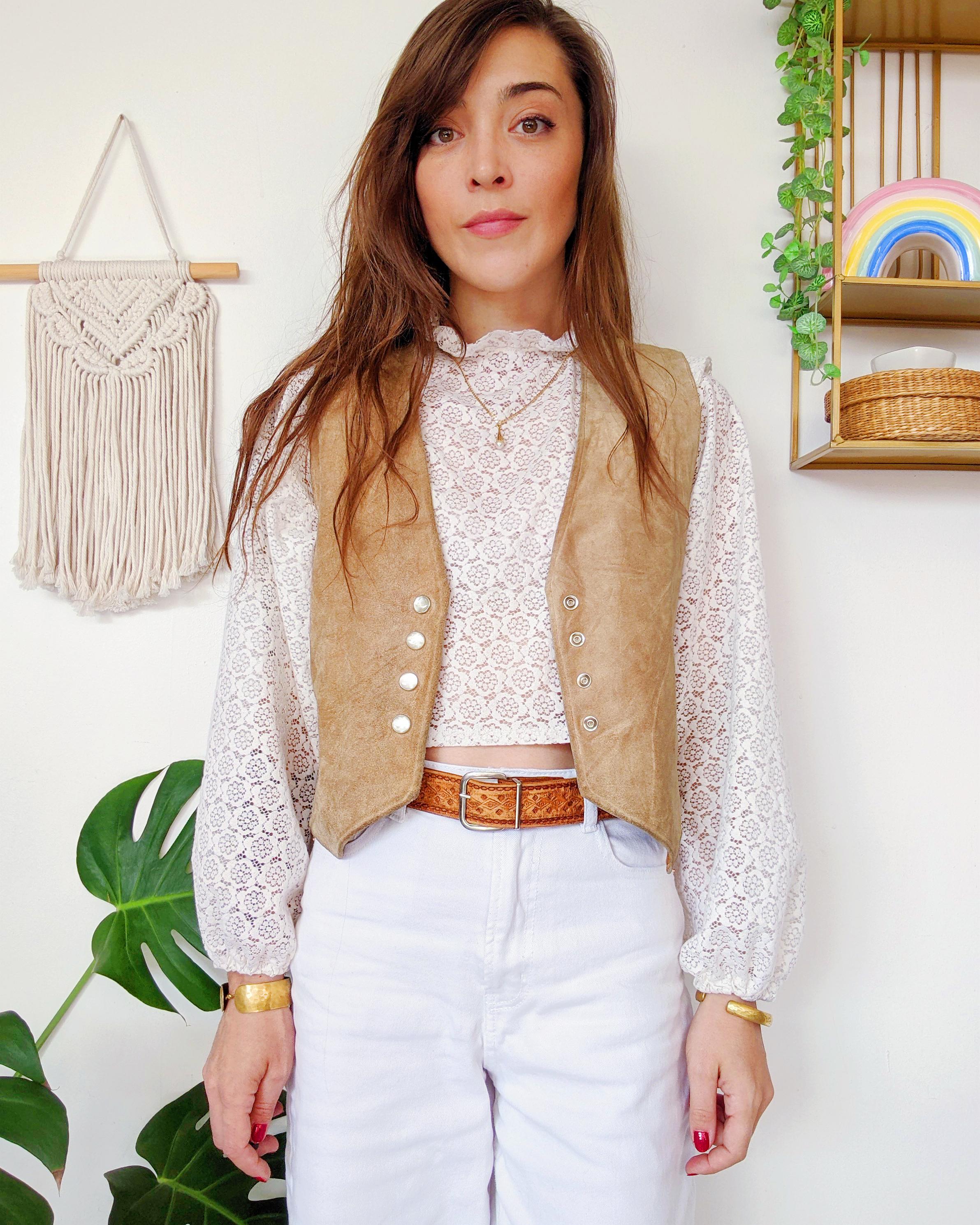 Beige suede vest, sleeveless vest with tweed-style wool back | vintage 80s