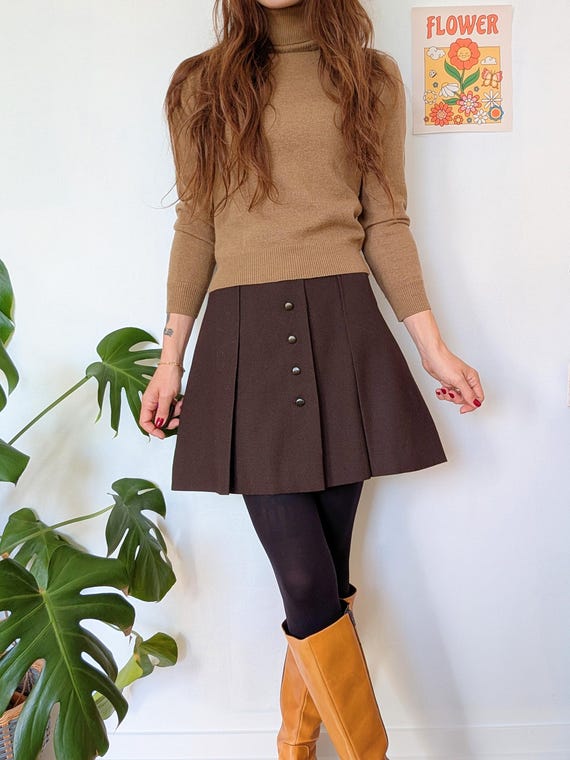 Dark Brown Pleated Mini Skirt, Short Wool Skirt With Front Buttons