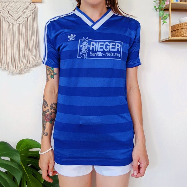 Vintage 1980 | ADIDAS maillot de foot bleu et blanc, maillot de sport col rond trois bandes unisexe