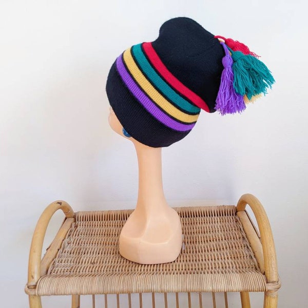 Vintage 1980 | bonnet d'hiver noir et multicolore avec pompons pour femme