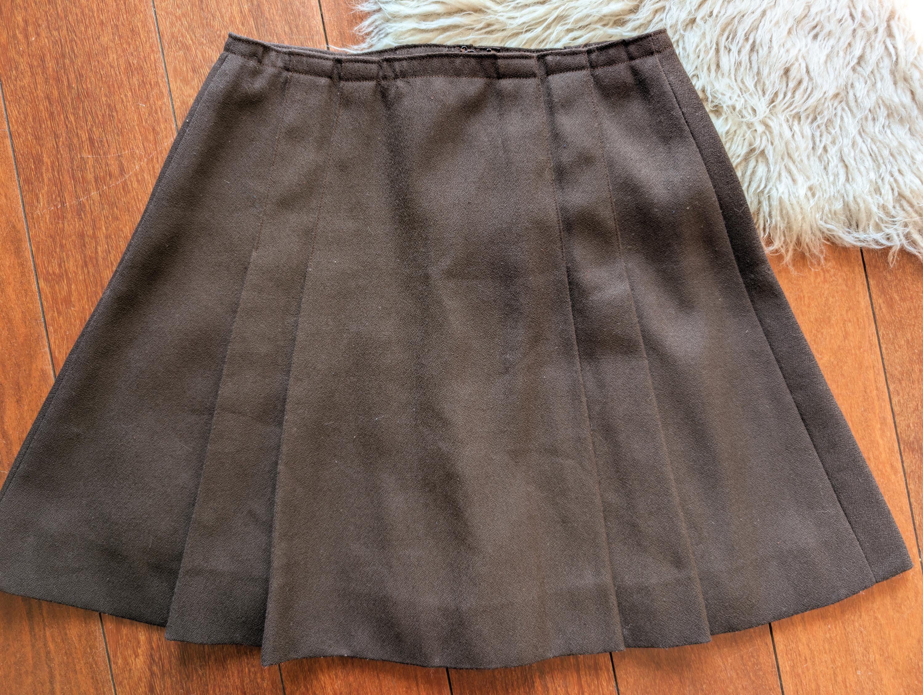 Dark Brown Pleated Mini Skirt, Short Wool Skirt With Front Buttons