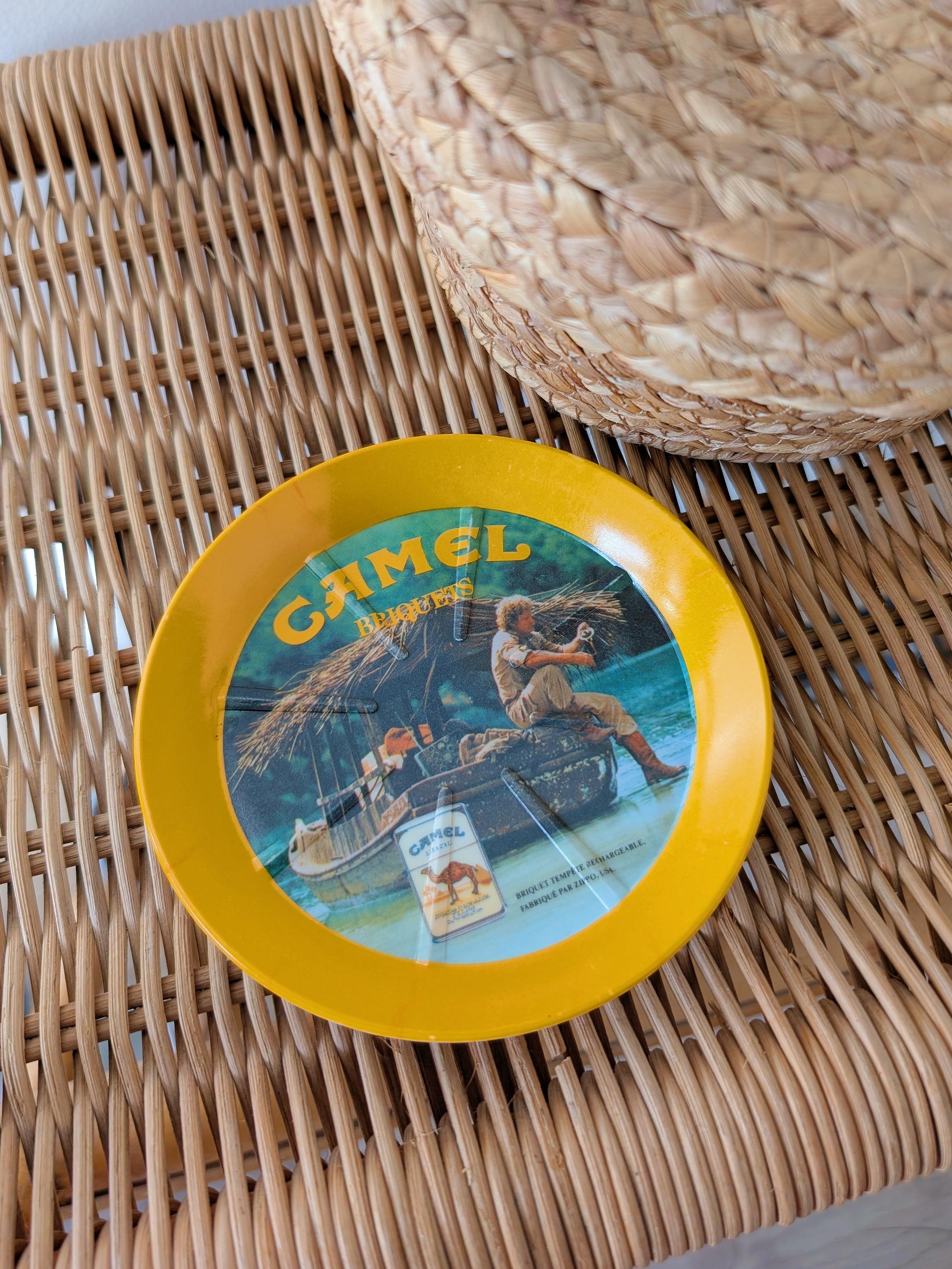 Vintage 1980s | Yellow and Green Camel Ashtray, Camel Briquets X