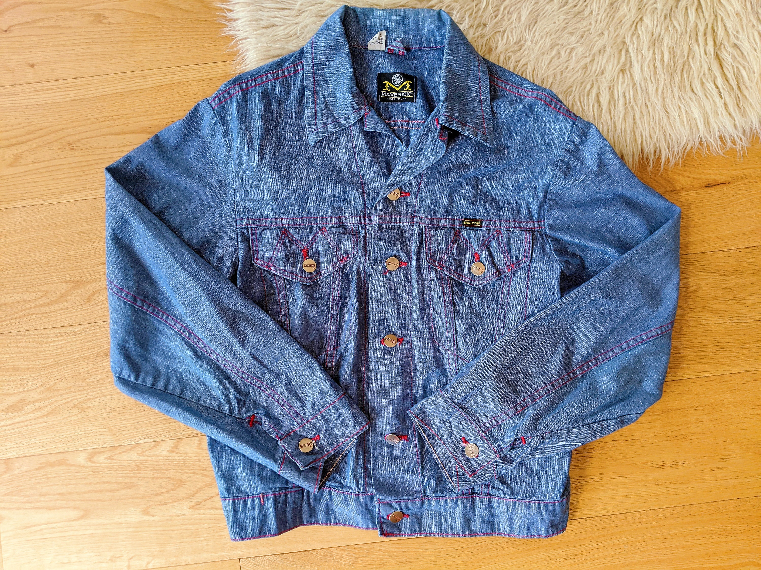 Light Blue Denim Jean Jacket With Red Stitching Made in USA