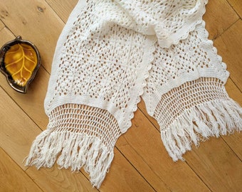 Vintage 1970 | écharpe très longue en maille tricot blanc cassé style boho