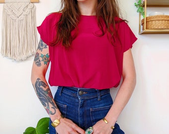 Raspberry red batwing blouse, handmade acrylic top with short sleeves and boat neckline | vintage 90s