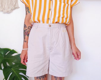 Short en coton beige Paul Harris Design, bermuda taille haute avec poches | vintage des années 90