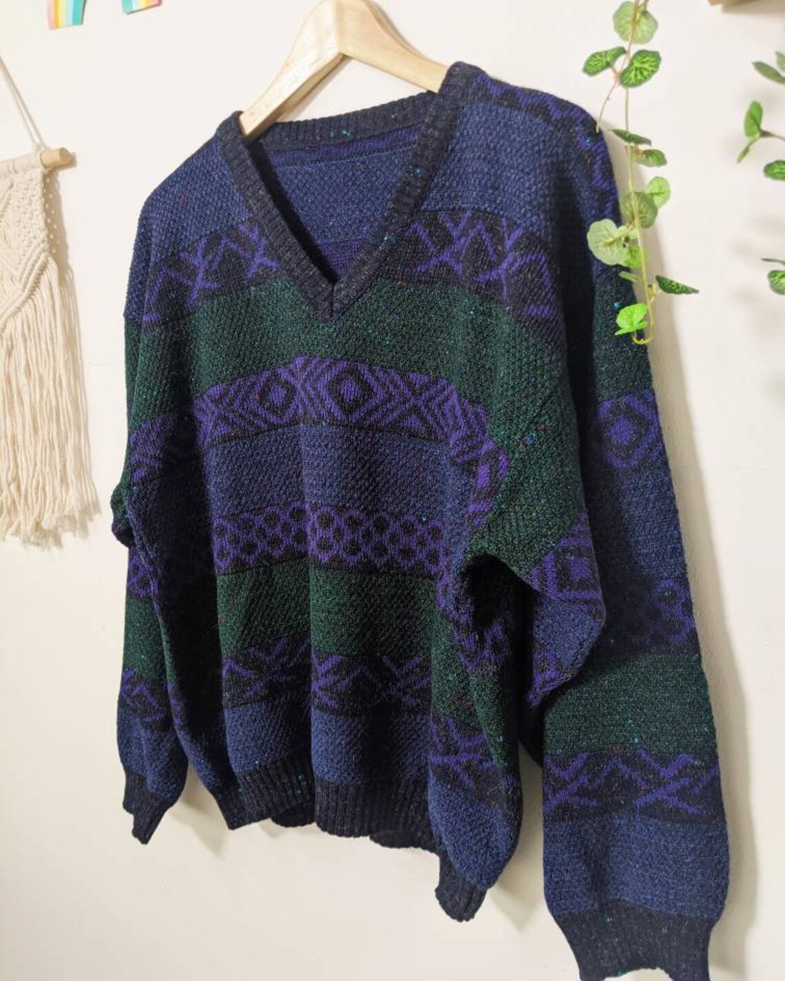 Purple and green sweater with unisex geometric patterns from | Etsy