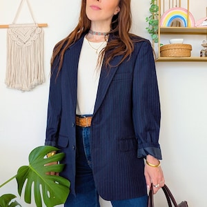 Vintage 70s Navy Blue Pinstripe Tergal Wool Blazer Unisex