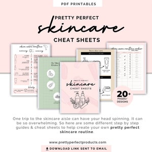 May include: A pink and green printable cheat sheet for skincare routines. The cheat sheet includes a checklist for morning and evening skincare routines, a list of skincare products, and a section for weekly skincare treatments. The text on the cheat sheet reads "Pretty Perfect Skincare Cheat Sheets" and "My Skin Routine Steps".
