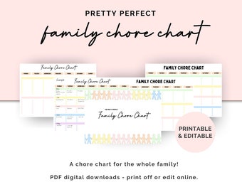 May include: A digital download featuring a "Family Chore Chart" with a pastel color scheme. The chart includes sections for each day of the week and chore assignments. The text "Pretty Perfect" and "Printable & Editable" are also visible.