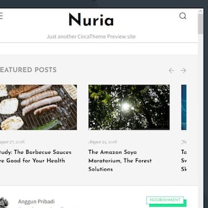 Op de afbeelding: Een website-interface op een tablet toont het woord "Nuria" bovenaan, met de tekst "Just another CircaTheme Preview site" eronder. Uitgelichte berichten bevatten afbeeldingen van gegrild voedsel en zonlicht door bomen. Menu- en zoekpictogrammen zijn zichtbaar.