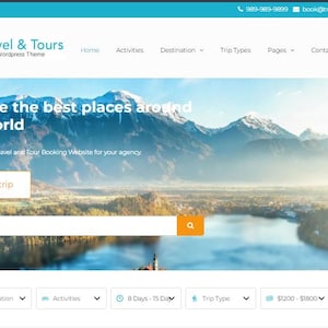 May include: Website interface for a travel agency, featuring a scenic mountain landscape background. The site includes search options for destinations, activities, and trip types, with a call to action button labeled "Book a trip."