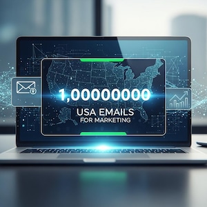 Peut inclure: Un ordinateur portable affiche le texte "1,000,000,000 USA EMAILS FOR MARKETING" sur une carte des États-Unis. Des icônes numériques et une lueur bleue suggèrent des données et du marketing.
