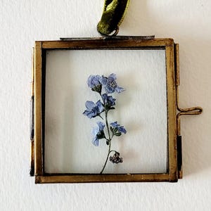 May include: A small, square, brass-framed display case with a sprig of delicate blue flowers. A knotted olive green velvet ribbon is attached to the top for hanging. The case has a vintage aesthetic and is set against a white background.