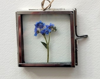 Mini Hanging Silver Metal Frame with Pressed Forget-Me-Nots