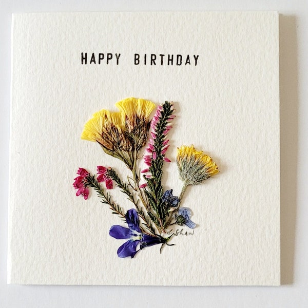 Handmade Happy Birthday 'Heather and Foliage' Pressed Flower Greeting Card